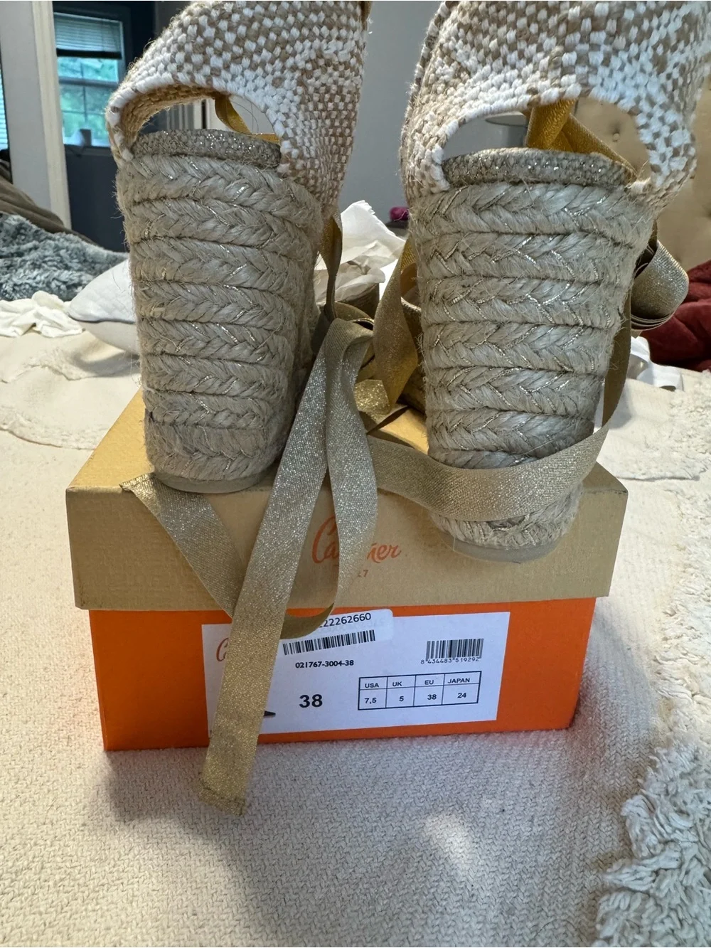 Castaner Metallic Champagne Espadrille Wedge with Ankle Wrap